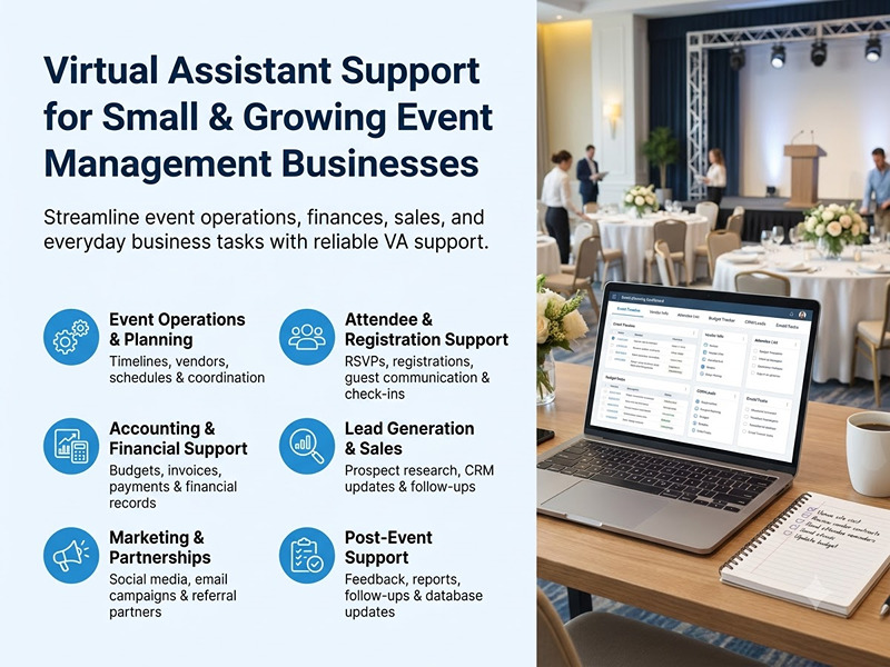Virtual assistants help small event management businesses with operations, admin, bookkeeping, and sales support while saving time and reducing costs.